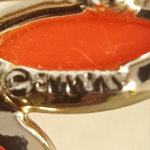 Signed Emmons Vintage Orange Enamel Flower Brooch Pin 1960s Gold Tone Mod Costum - Picture 4 of 5